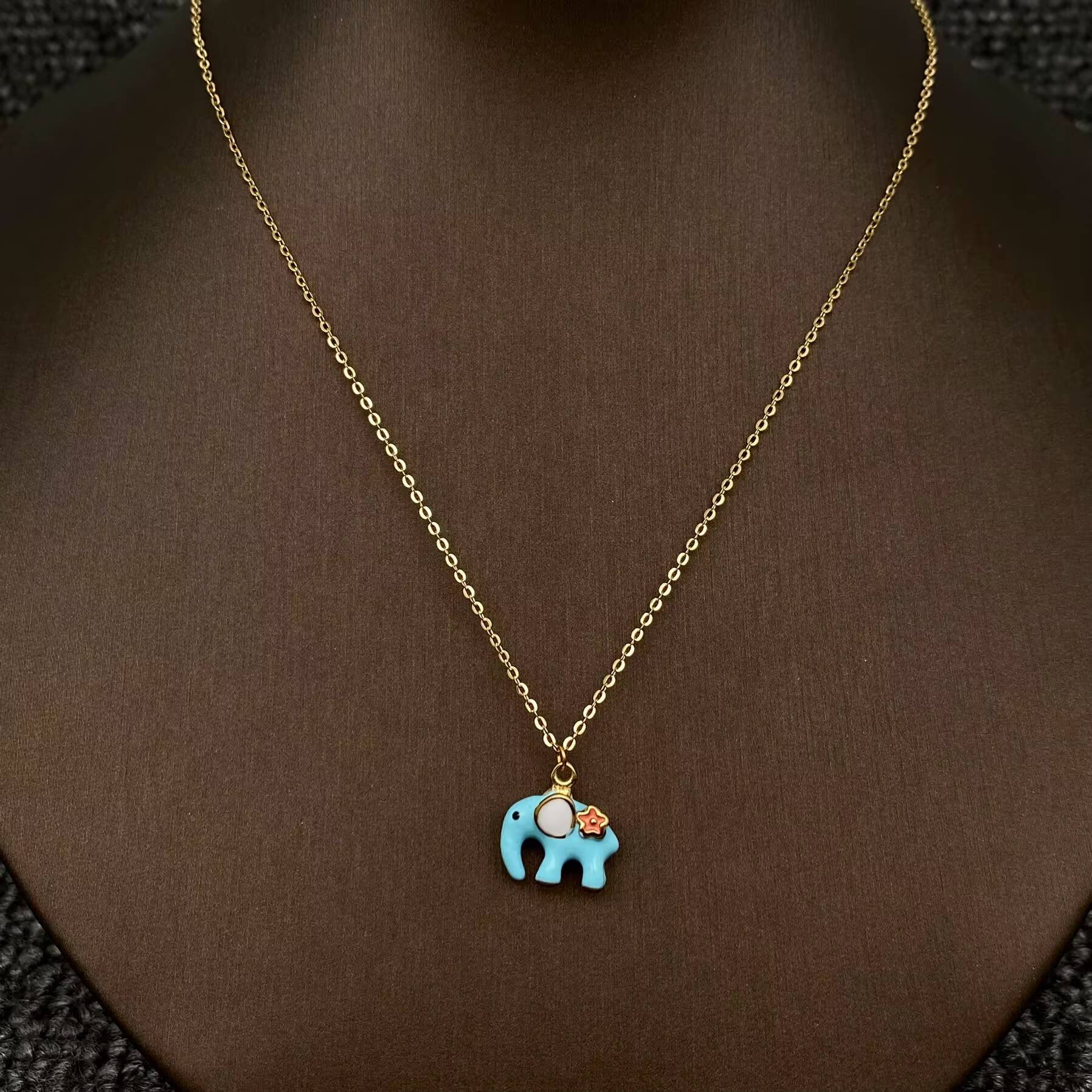 Happy Elephant Blue Enamel Necklace