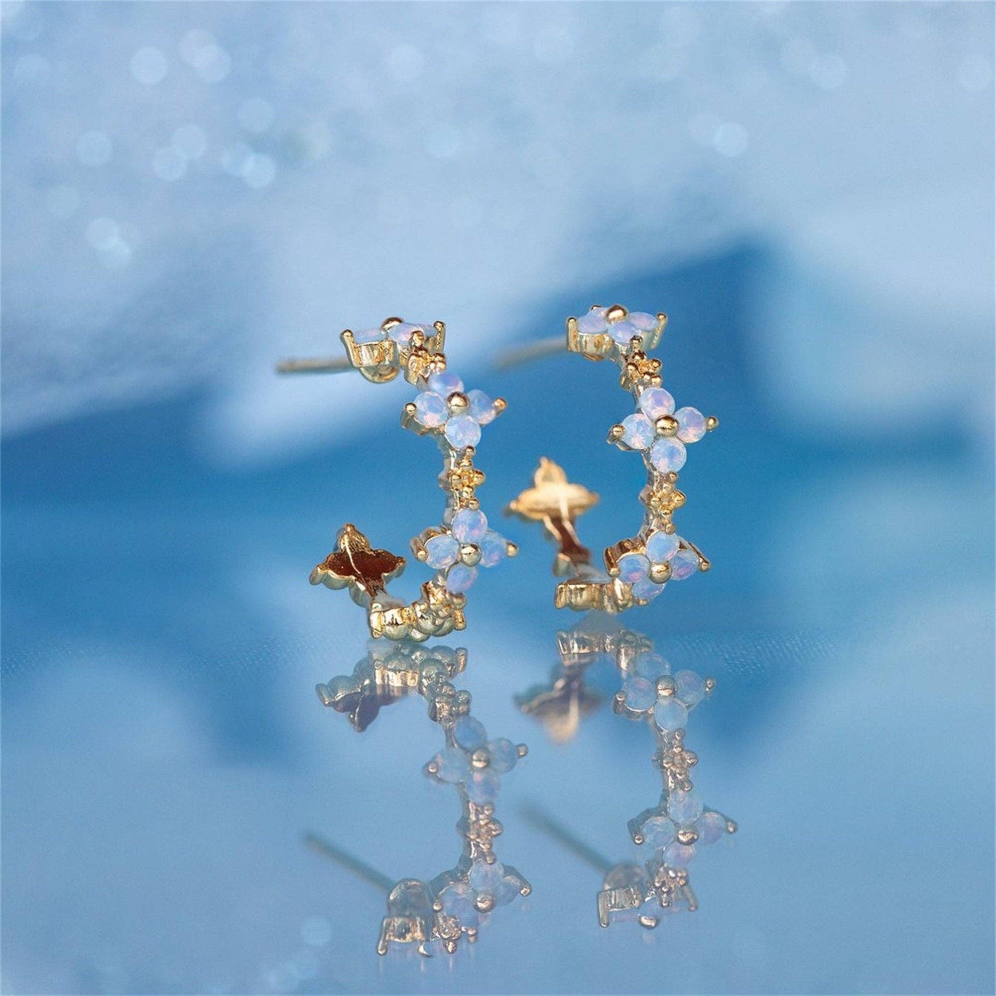 Delicate Blue Flower Gold Earrings