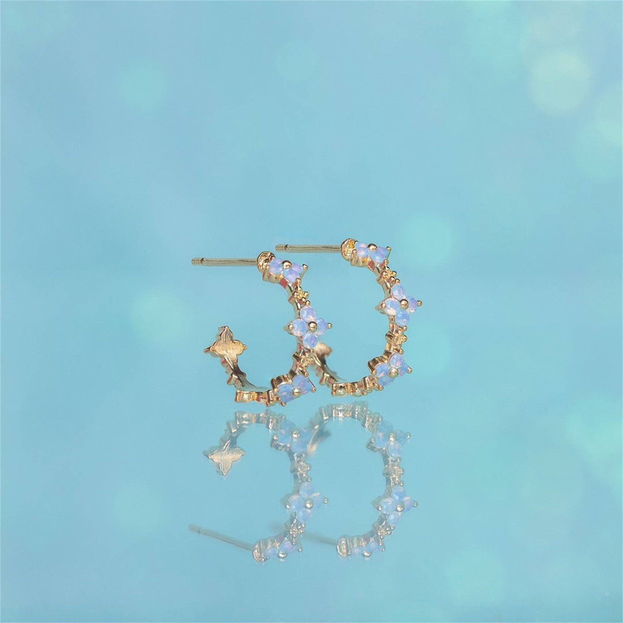 Delicate Blue Flower Gold Earrings
