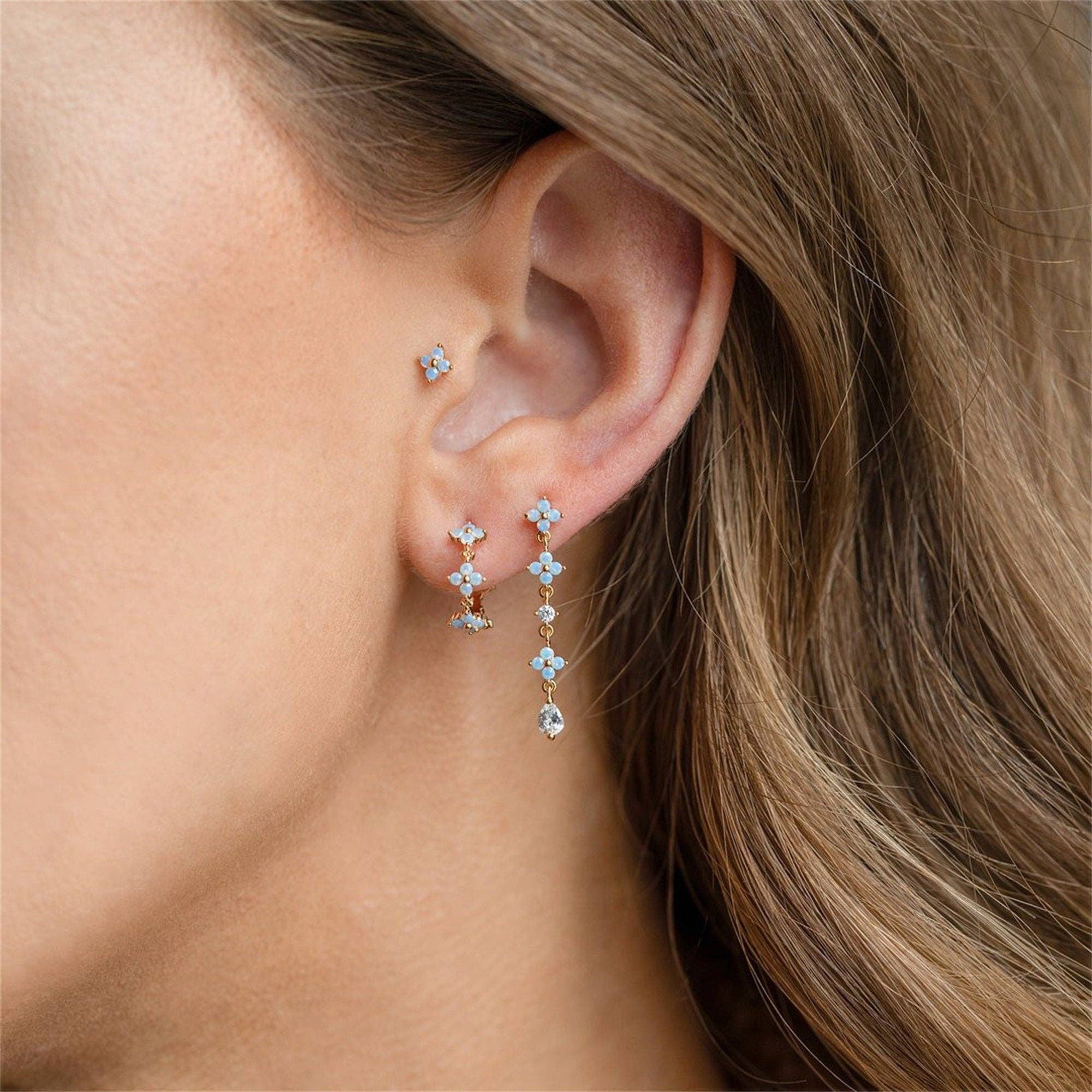 Delicate Blue Flower Gold Earrings