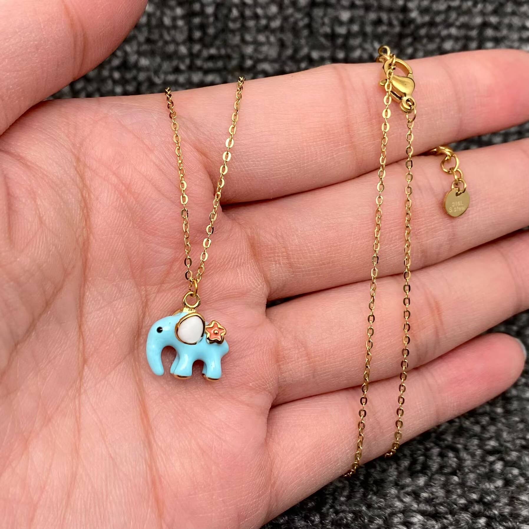 Happy Elephant Blue Enamel Necklace