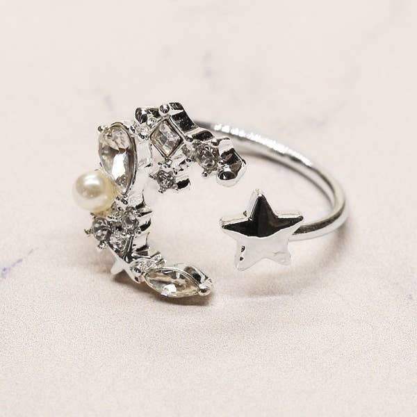 Rhinestone Pearl Crescent Moon Ring