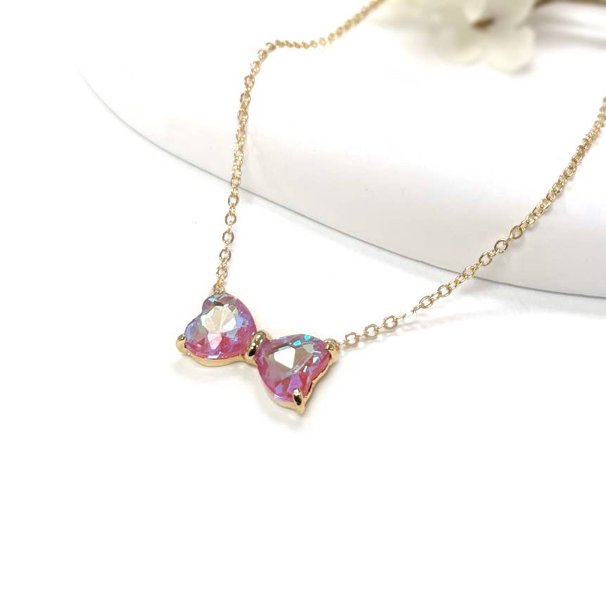 Bow Shape Heart Glass Necklace
