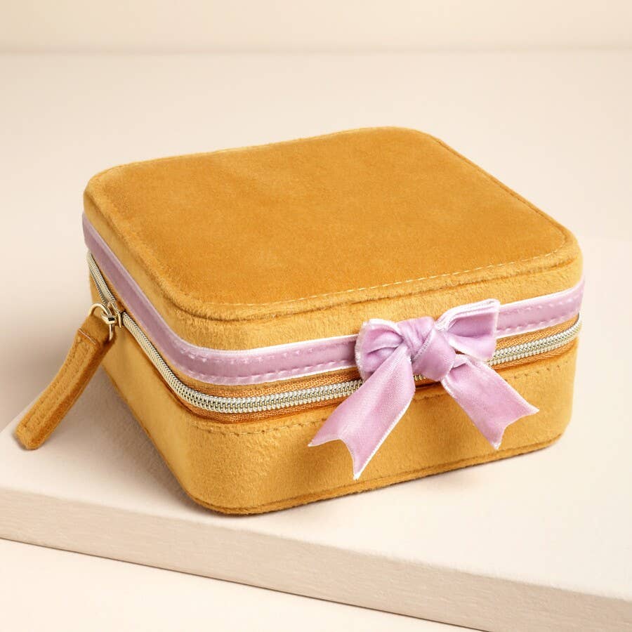 Mustard and Pink Velvet Bow Jewelery Case